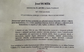 Osvědčení Josef Buršík - účastník odboje a odporu proti komunismu
